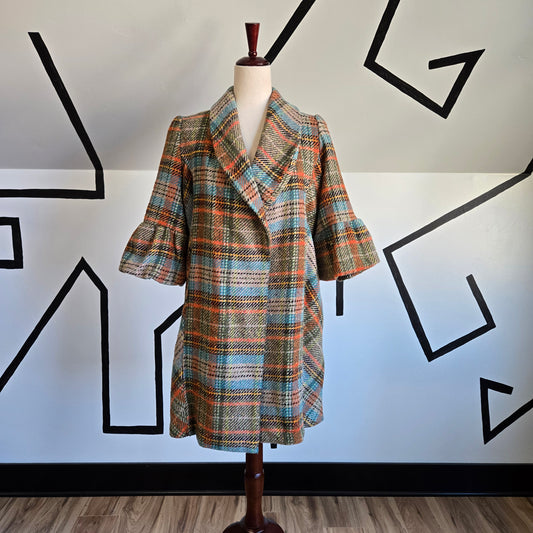 Vintage 1950s Plaid Wool Swing Coat - Large