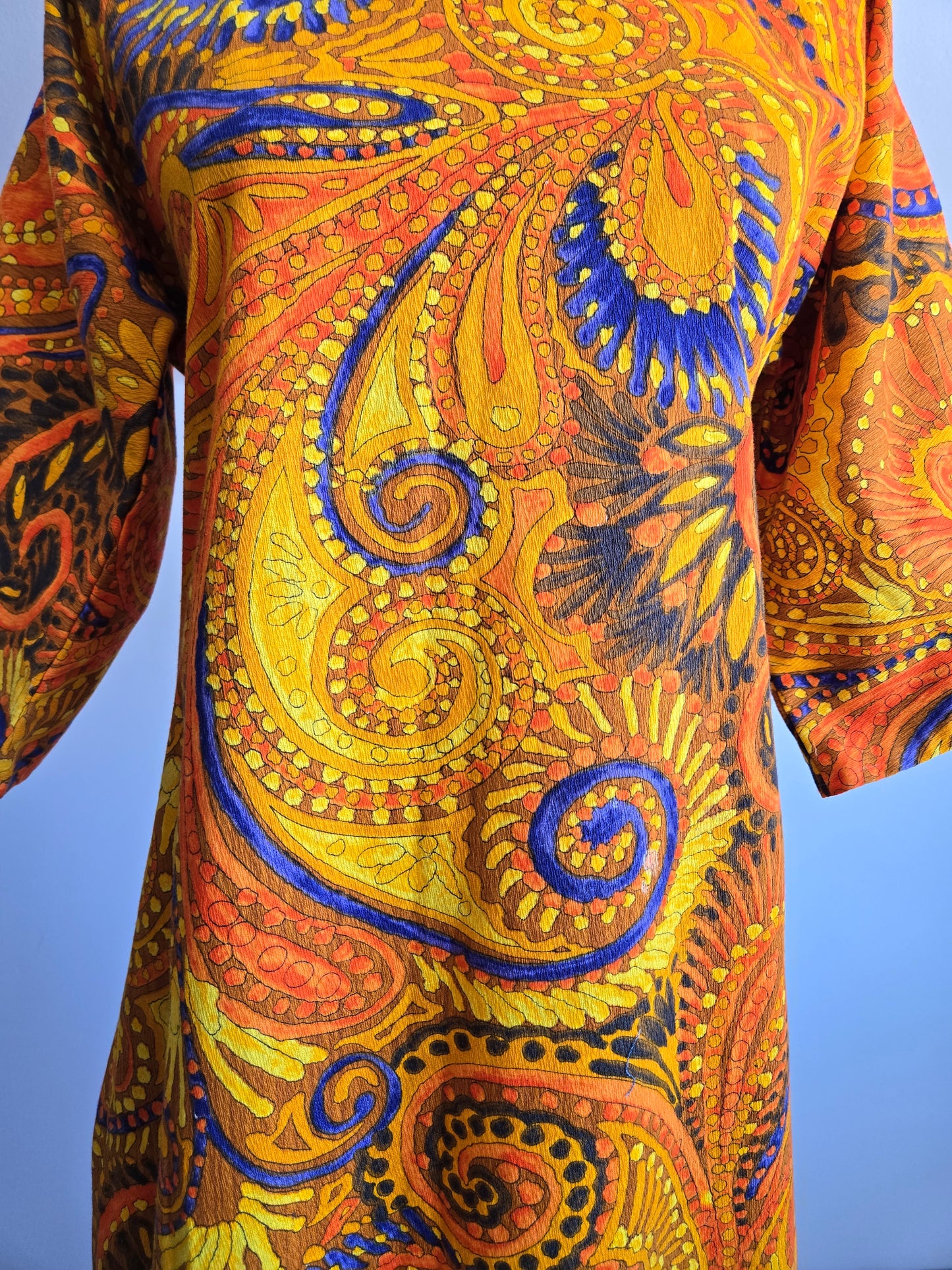 Vintage Barkcloth Orange Psychedelic Dayglo Print Maxi Dress - XS/S
