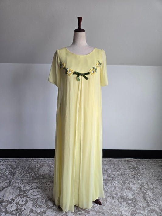 Jaks 1960s Yellow Chiffon Formal Dress with Velvet Bow - medium