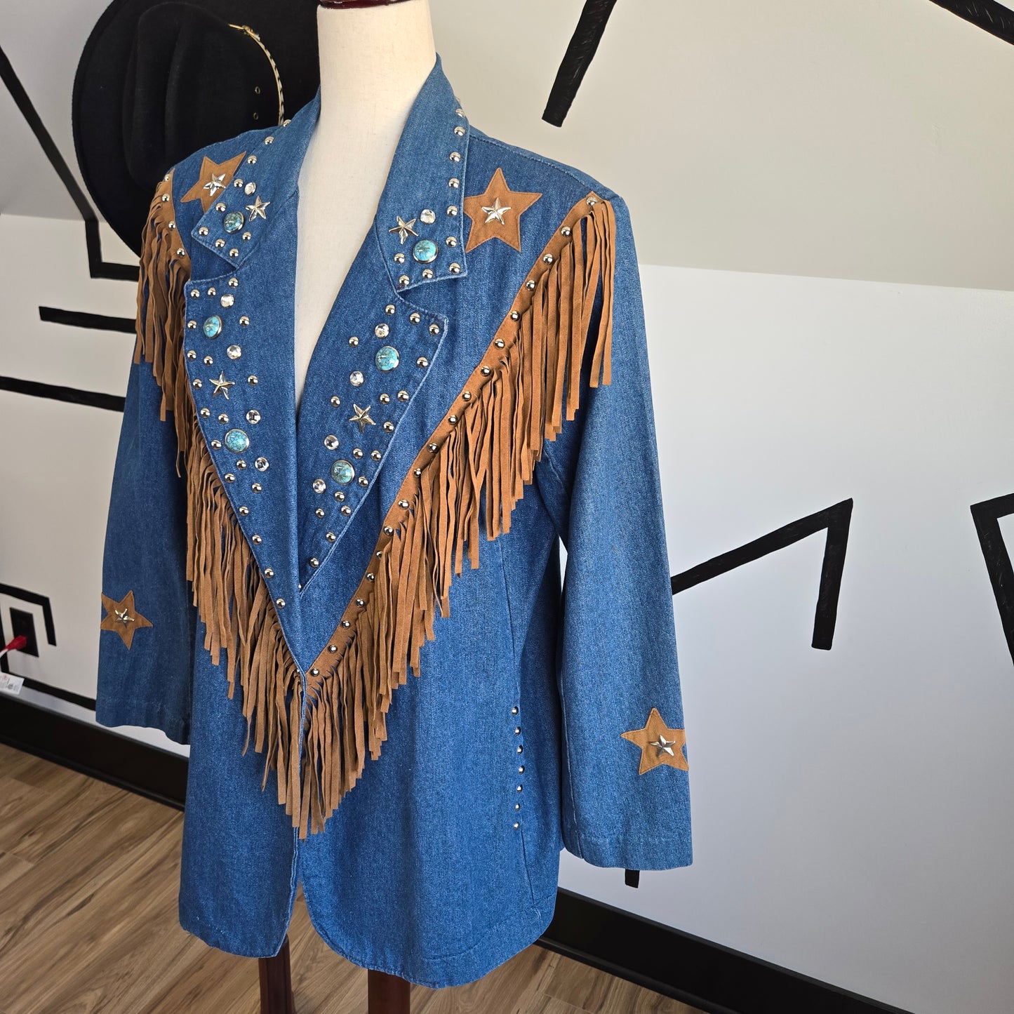 Gepetto Vintage 80s Denim Blazer with Fringe and Studs - Large