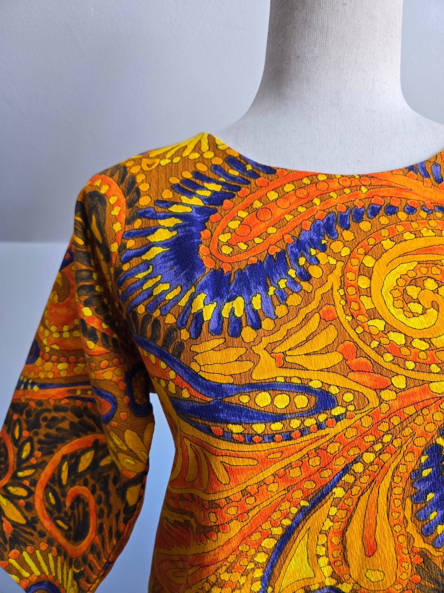 Vintage Barkcloth Orange Psychedelic Dayglo Print Maxi Dress - XS/S