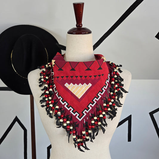 Red Western Neck Tie Bandana with Beaded Fringe