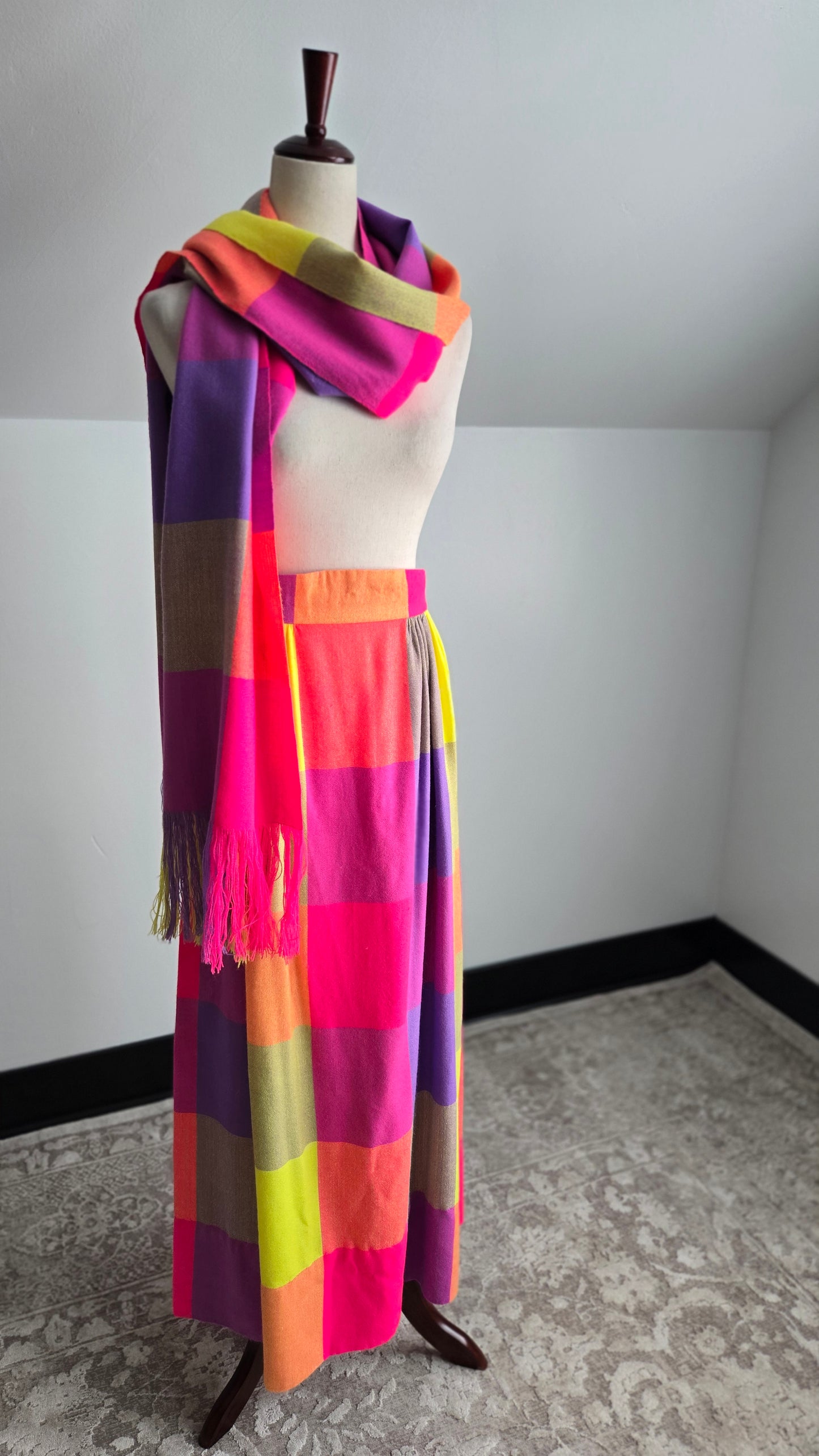 Vintage 70s Neon Plaid Matching Skirt and Scarf Set - W28"