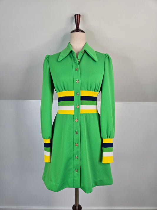 70s Lime Green Retro Button Down Mini Dress - small/medium