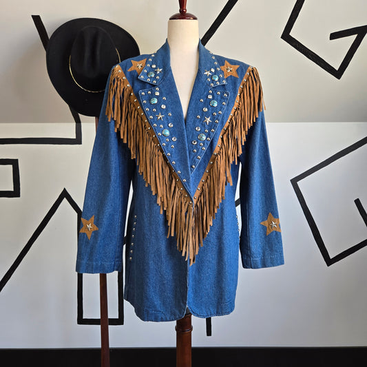 Gepetto Vintage 80s Denim Blazer with Fringe and Studs - Large