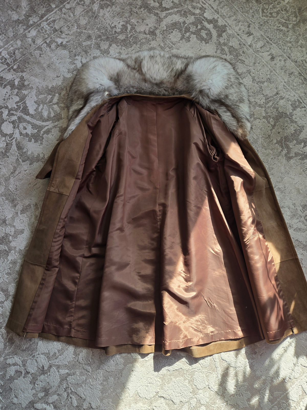 Vintage Suede Leather Coat with Genuine Fur Collar - XL/2XL