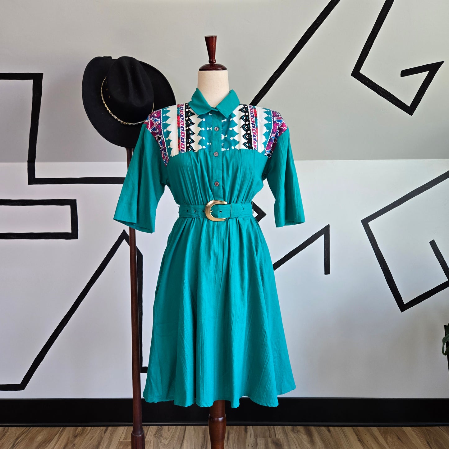 Tapestry Vintage 1980s Turquoise Western Dress - medium/large