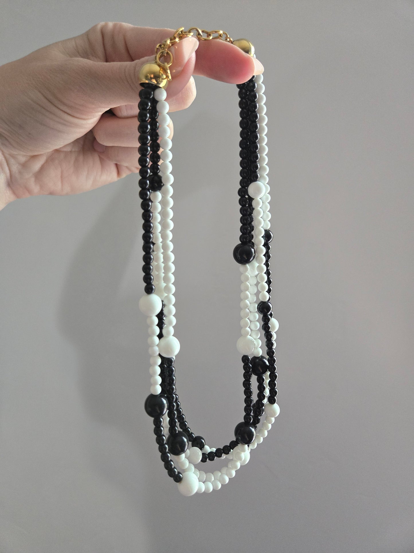 Vintage Black and White Multi Strand Beaded Necklace