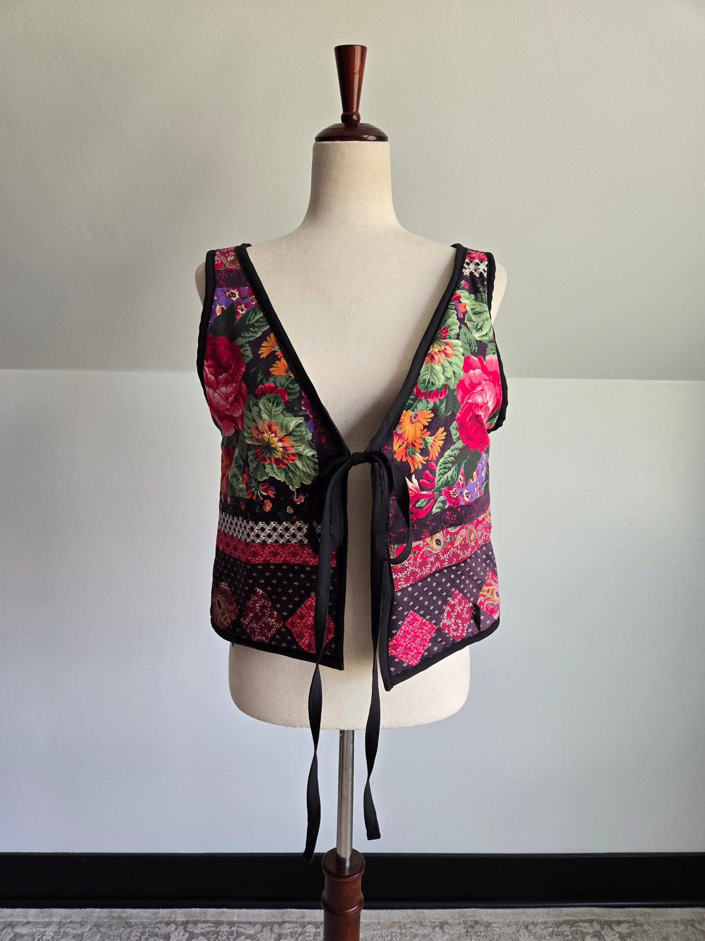 Hand Made Quilted Floral Tie Front Vest - M-XL