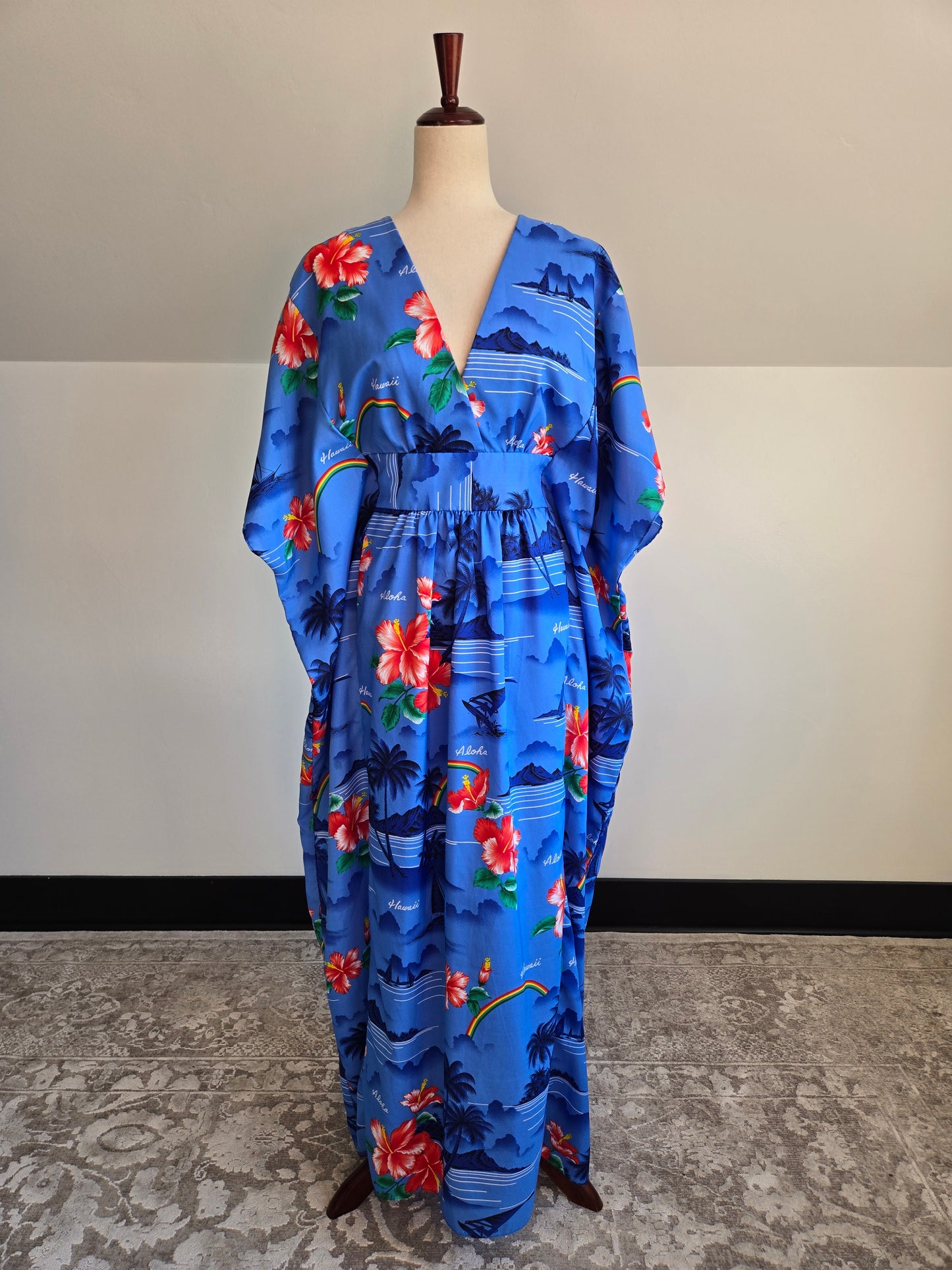Made in Hawaii Blue Beach Scene and Rainbows Caftan - OS