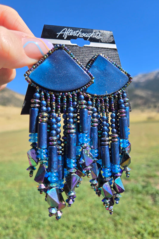 Deadstock Vintage Blue Iridescent Beaded Fringe Pierced Earrings