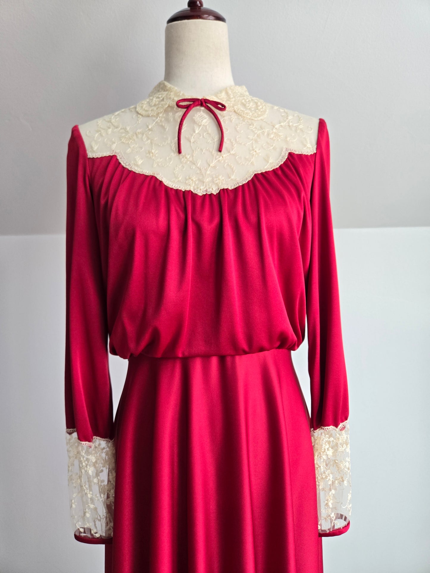 Vintage 1970s Red Slinky Maxi Dress with Shear Lace - Medium