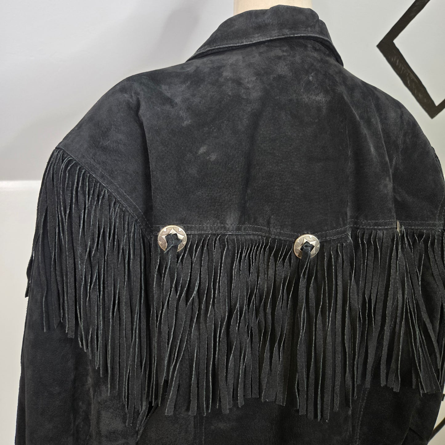 Byrnes & Baker Vintage Black Suede Leather Fringe Jacket - medium