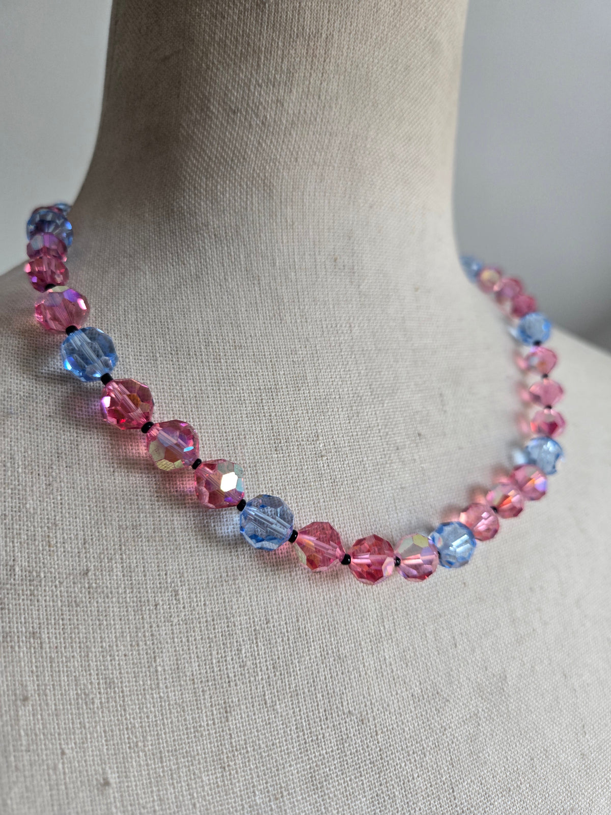 Vintage Pink and Blue Glass AB Bead Necklace