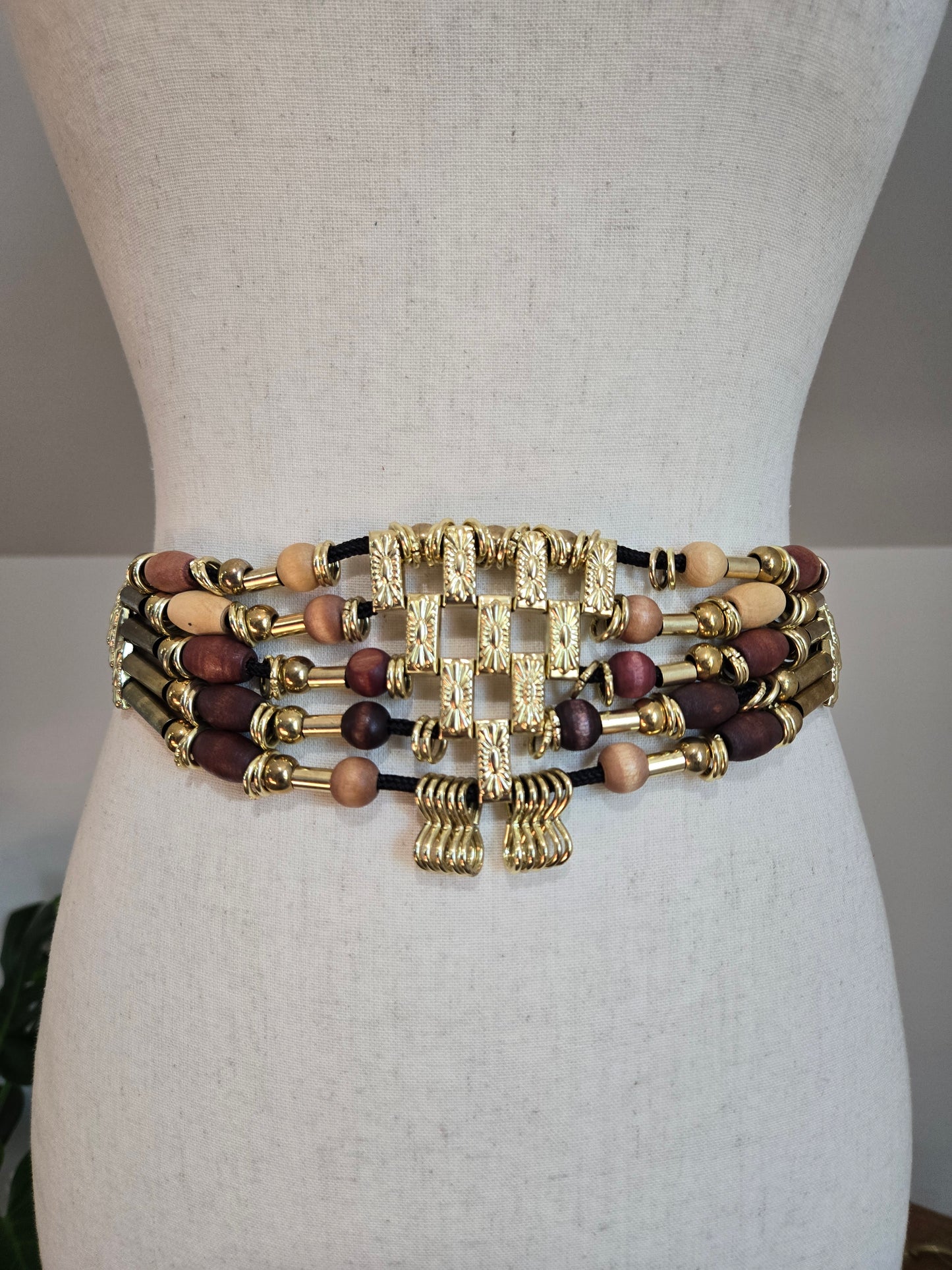 Vintage 80s Boho Wood and Gold Tone Bead Belt - W31-40"