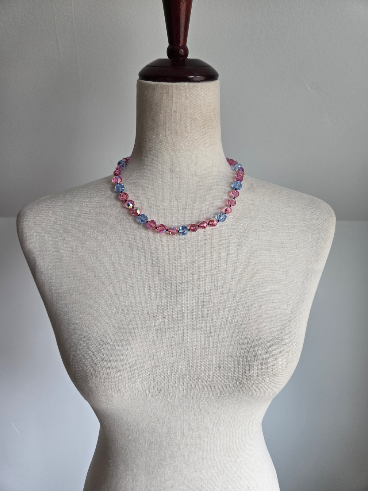 Vintage Pink and Blue Glass AB Bead Necklace