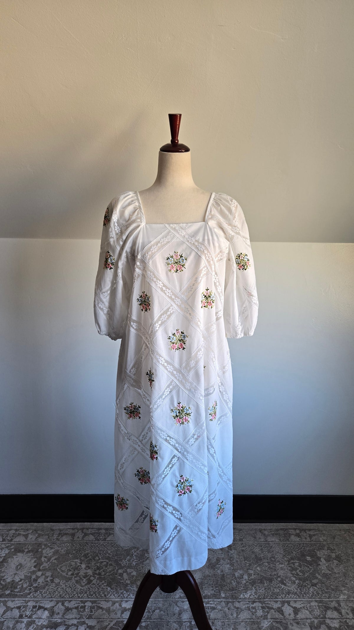 Jesus A Diaz Mexican Cotton Lace and Floral Embroidery Dress - large