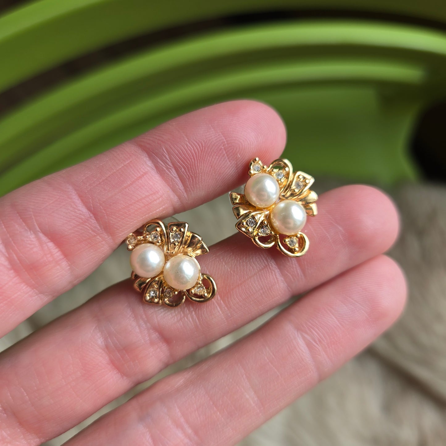 Vintage Gold and Faux Pearl Stud Earrings - Post Back