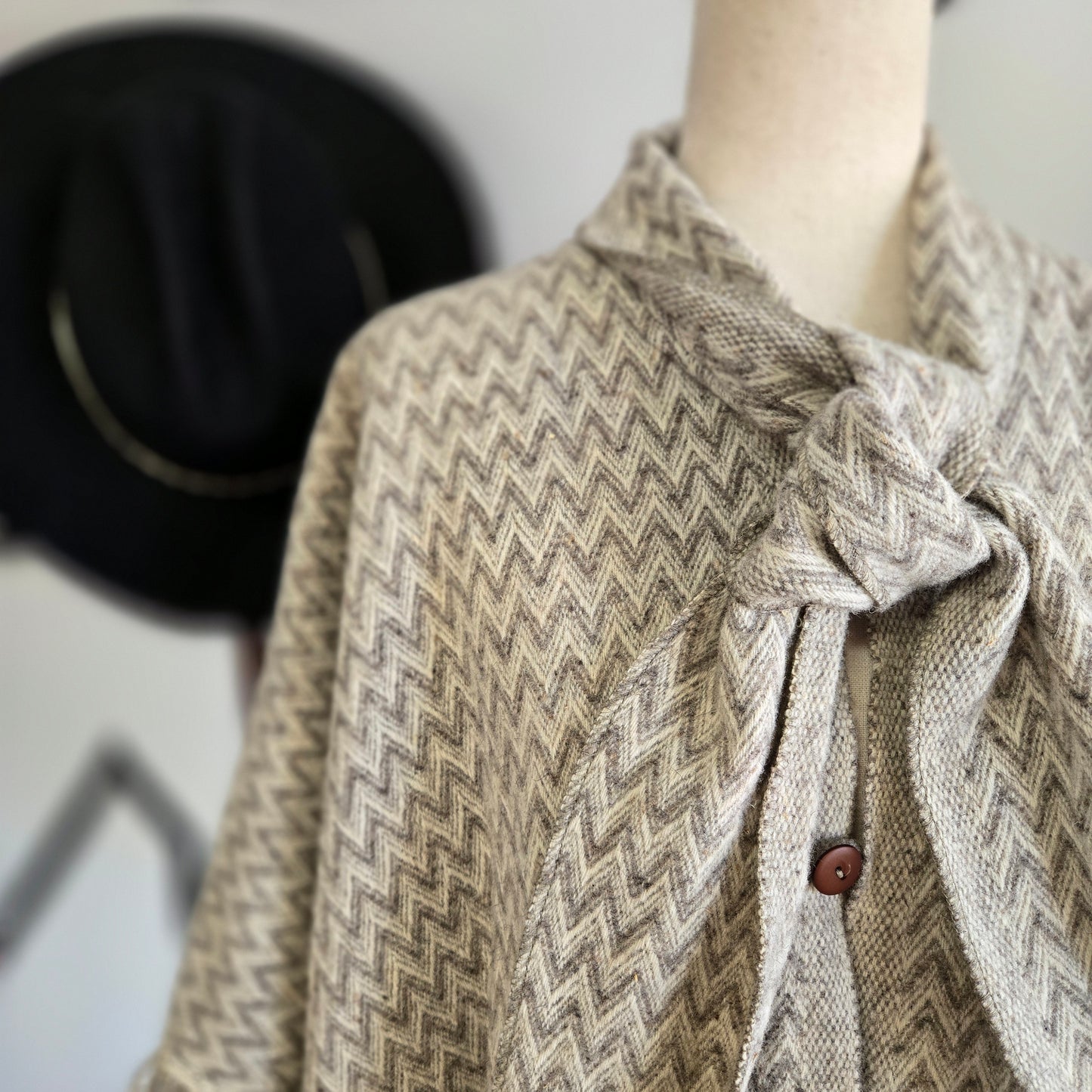 Wool 1950s Button Front Chevron Poncho - OS