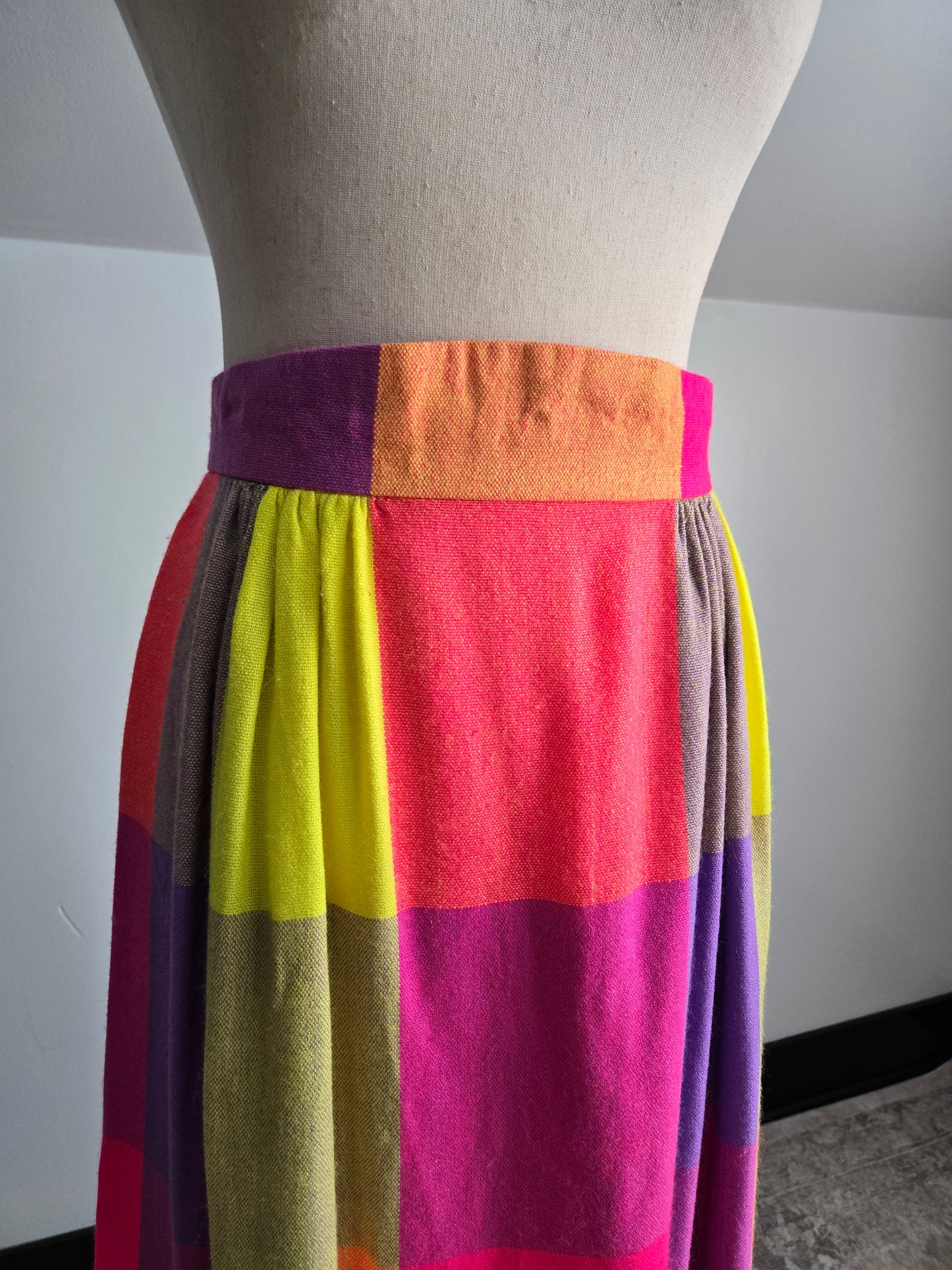 Vintage 70s Neon Plaid Matching Skirt and Scarf Set - W28"