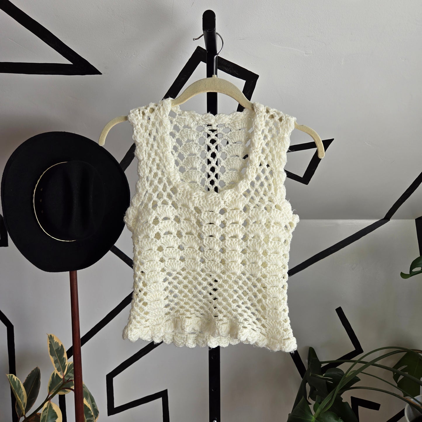 Vintage 1970s Handmade Crochet White Tank - Small