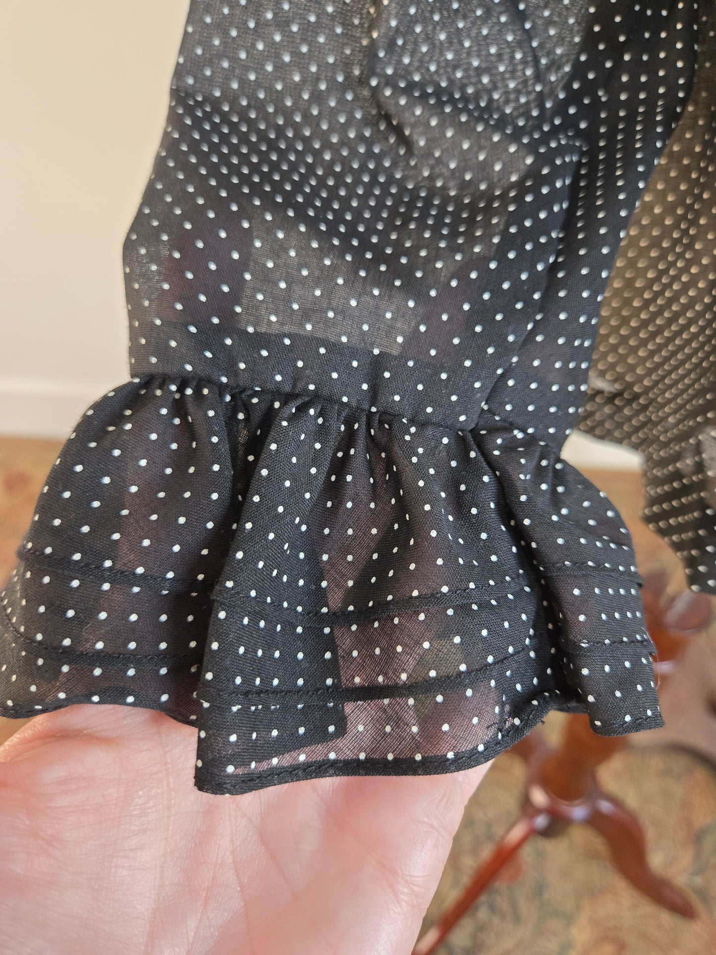 Na'Ma of California 70s Black Tiny Polka Dot Ruffle Top - medium