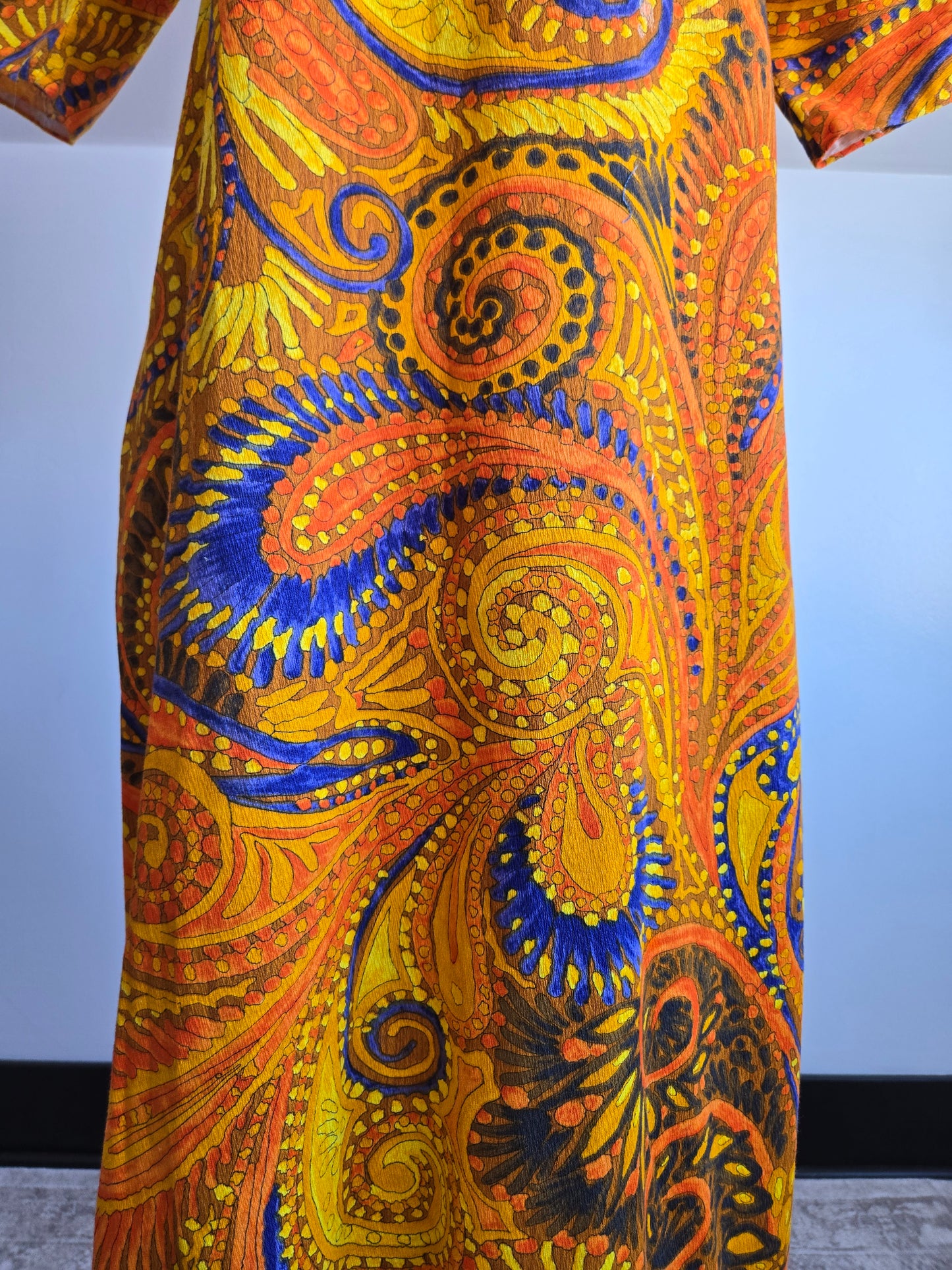 Vintage Barkcloth Orange Psychedelic Dayglo Print Maxi Dress - XS/S