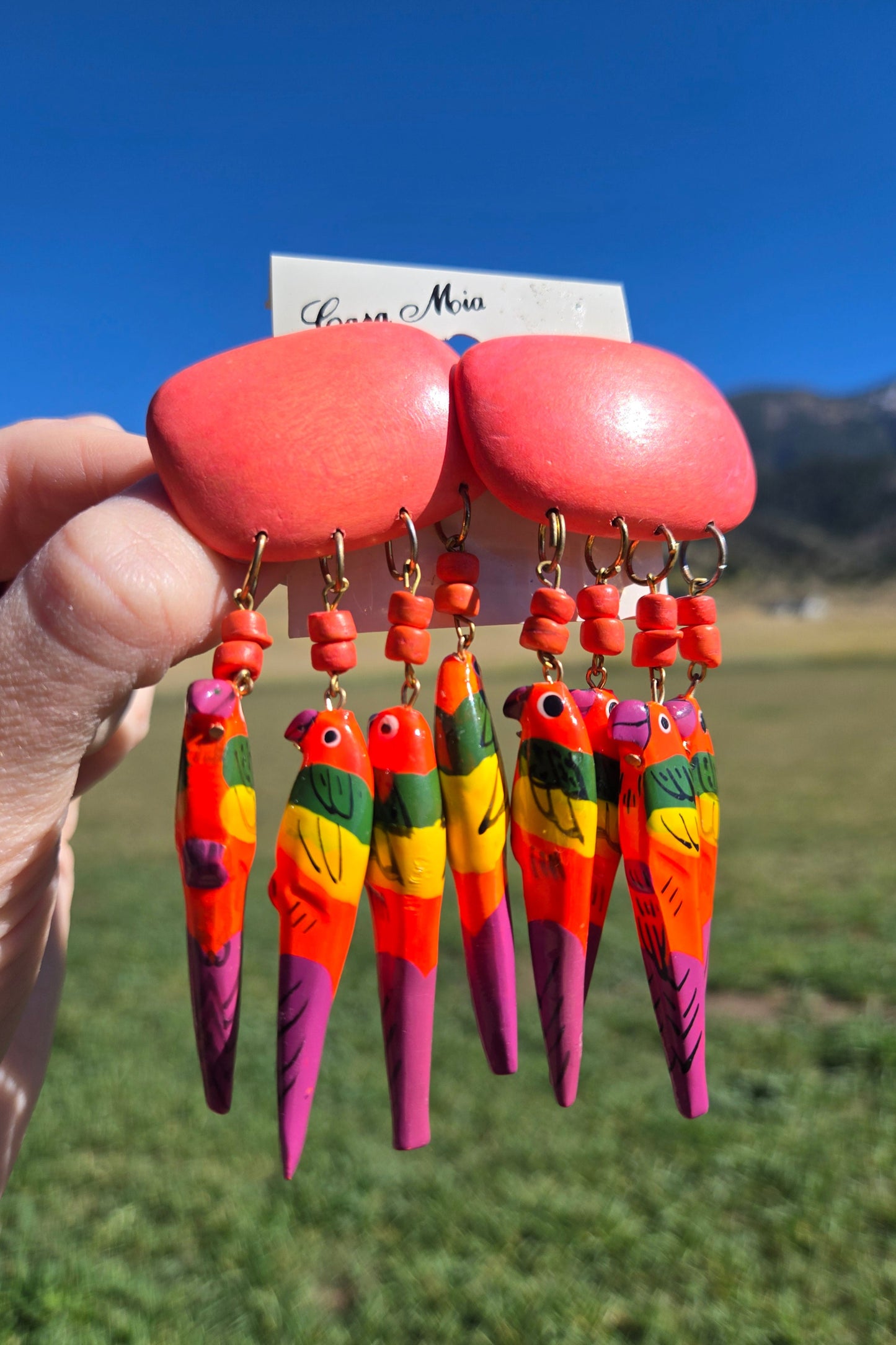 Deadstock Wood Dangling Neon Hand Painted Parrot Earrings