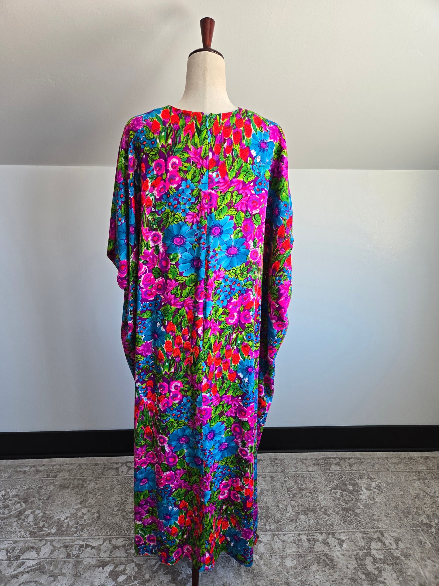 Ter-She Vintage Barkcloth Dayglo Print Floral Caftan - OS