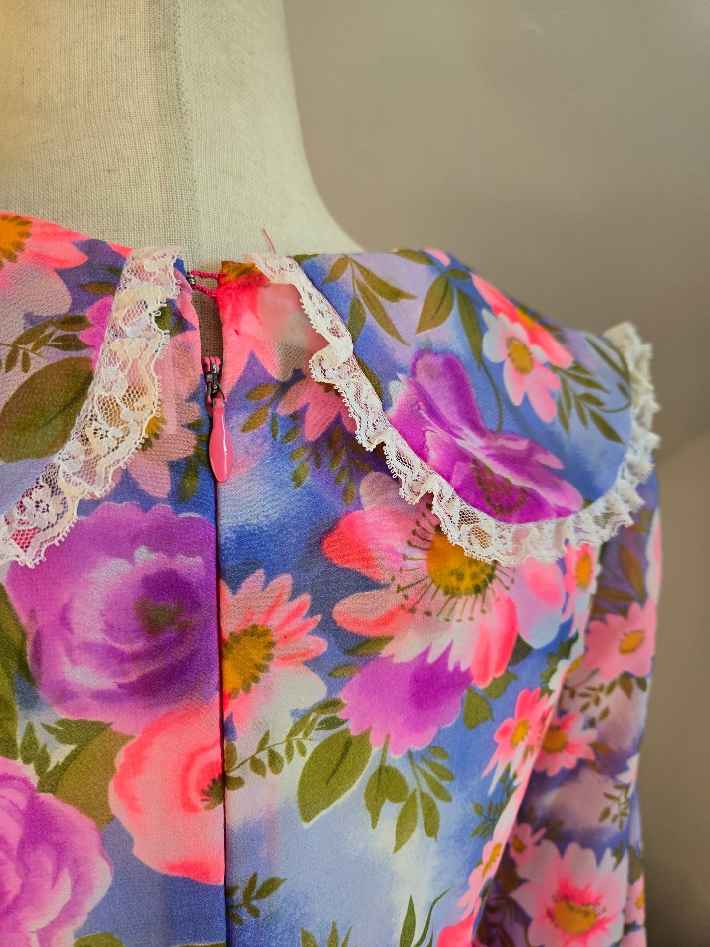 Vintage 1970s Hot Pink Flower Power Maxi Dress - medium