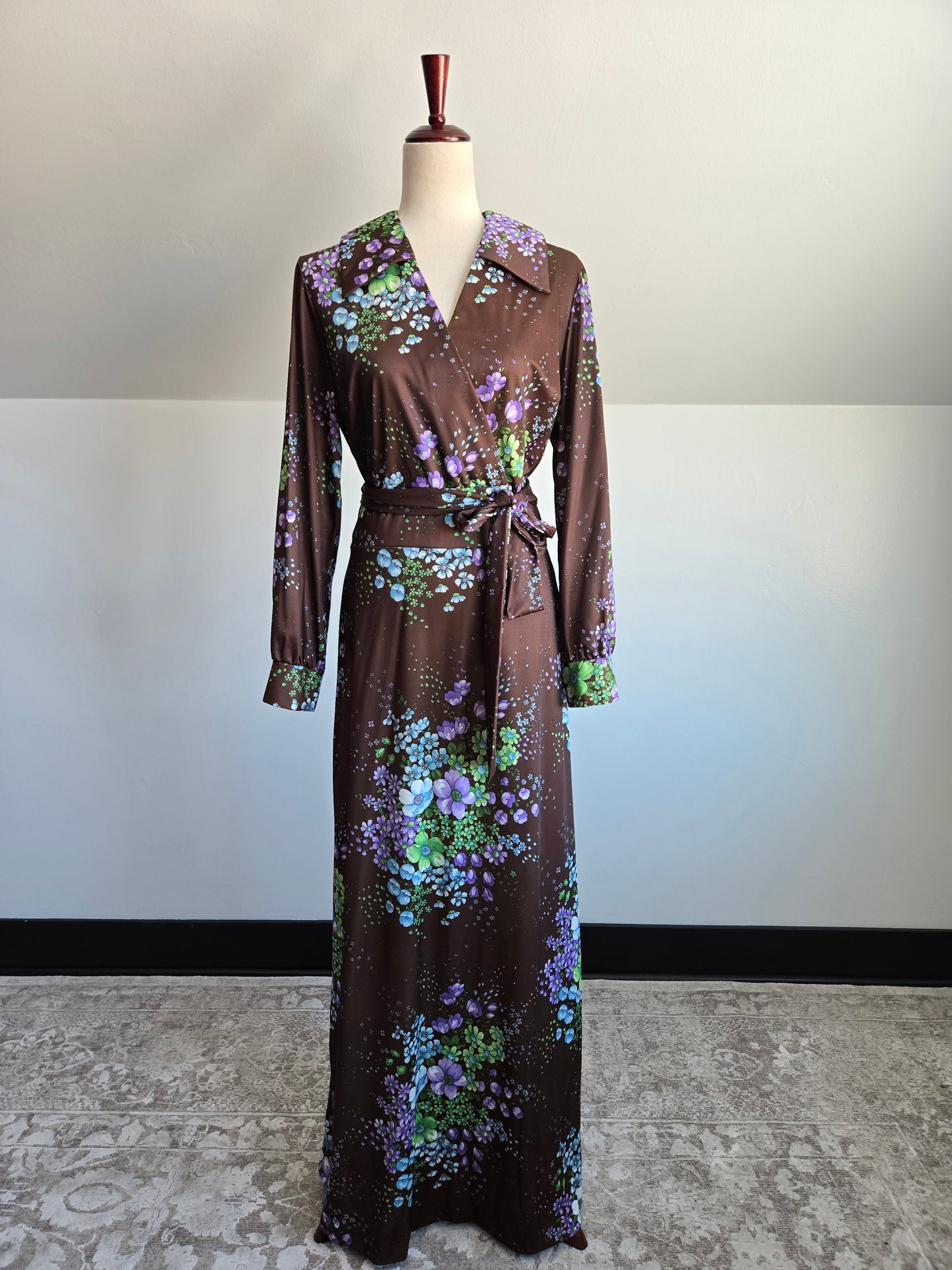 Royalty Dallas Vintage 70s Brown Floral Maxi Dress - L/XL