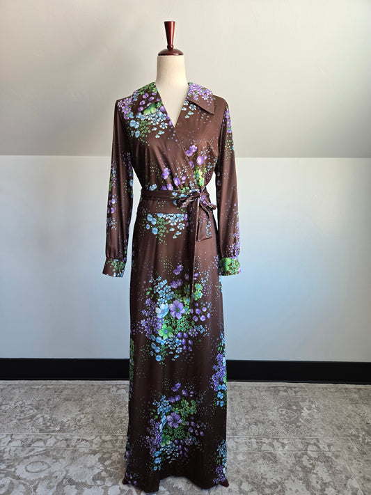 Royalty Dallas Vintage 70s Brown Floral Maxi Dress - L/XL