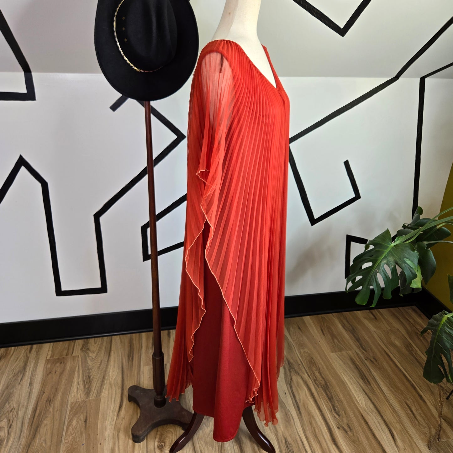 Rust Orange Vintage 1970s Pleated Maxi Dress - XL