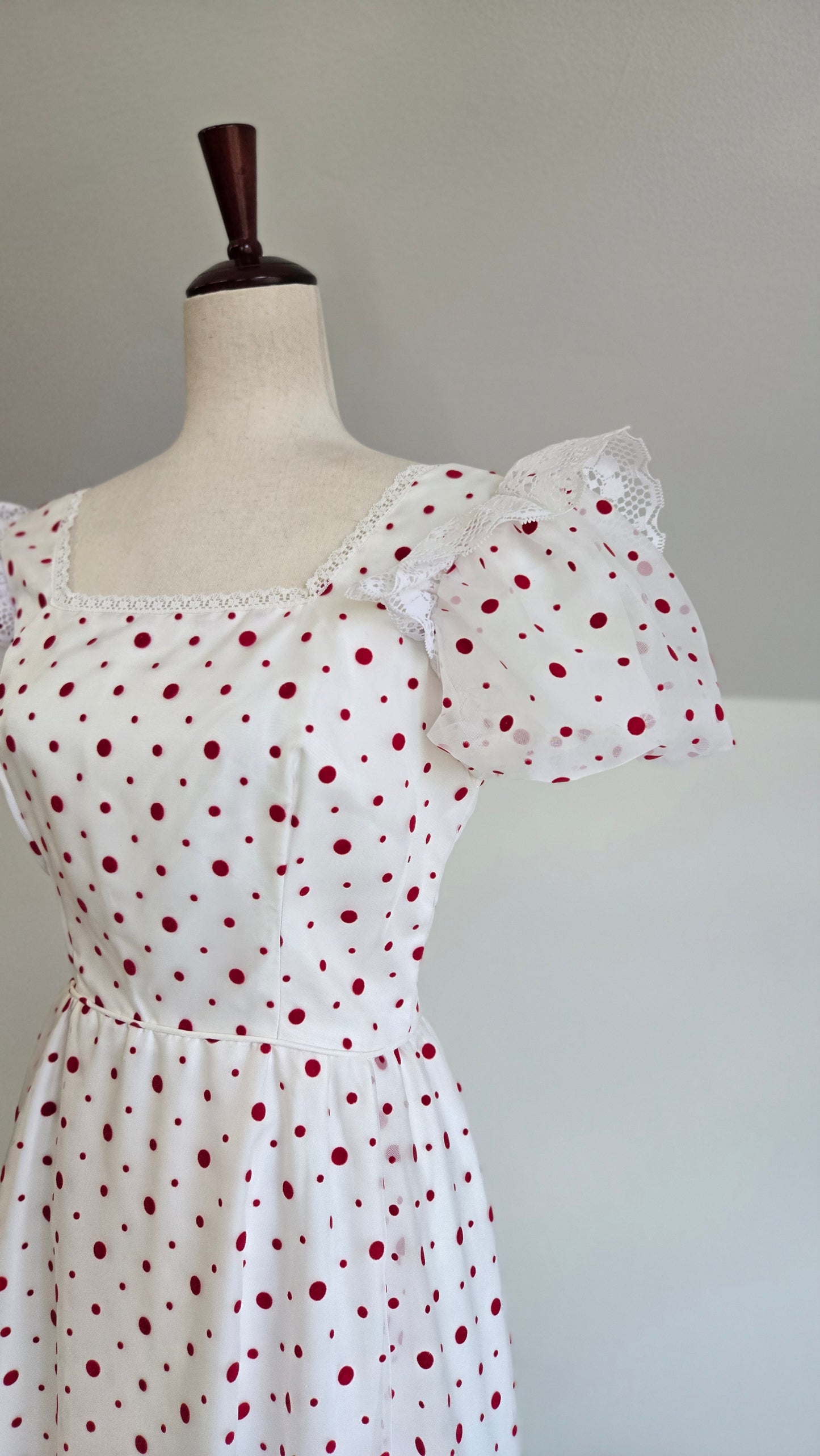 Nadine 1970s Formal/Party Dress with Red Velvet Polka Dots - Small