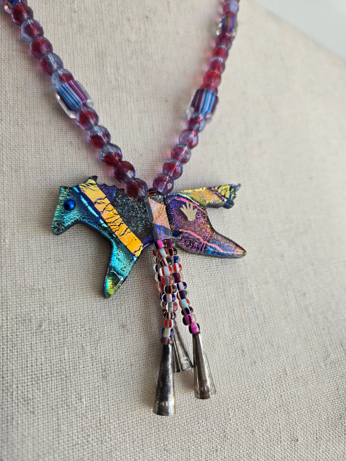 Art Glass Dichroic Horse Bolo Style Necklace