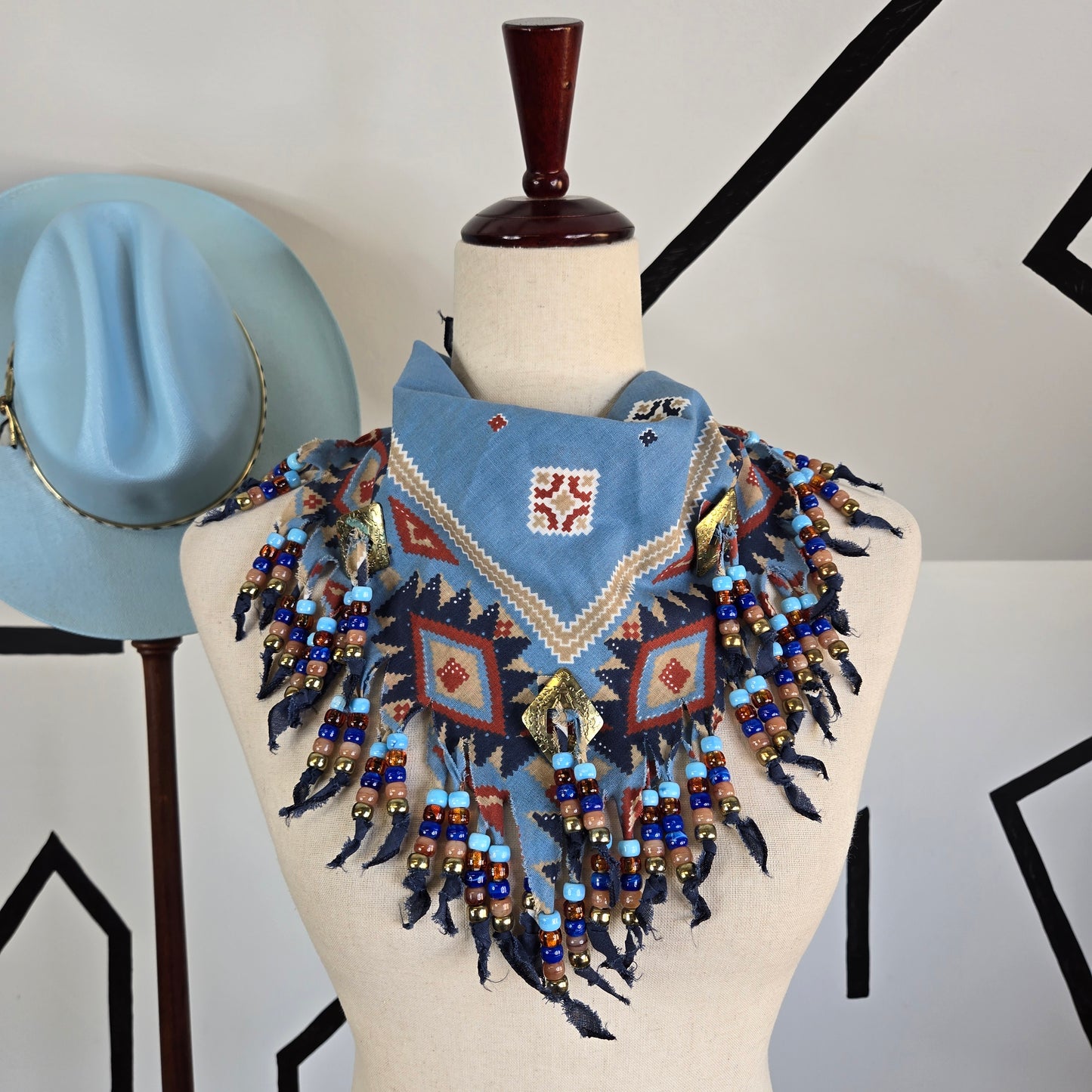 Blue Western Neck Tie Bandana with Beaded Fringe