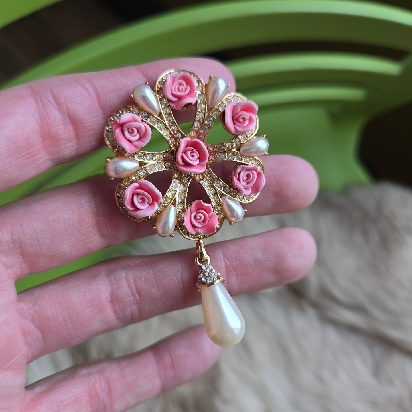 Pink Flowers and Pearls Gold Vintage Dangle Brooch