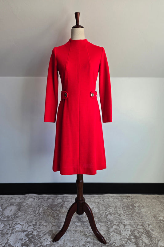 Vintage 1960s Red Dress with Buttoned Belt - S/M