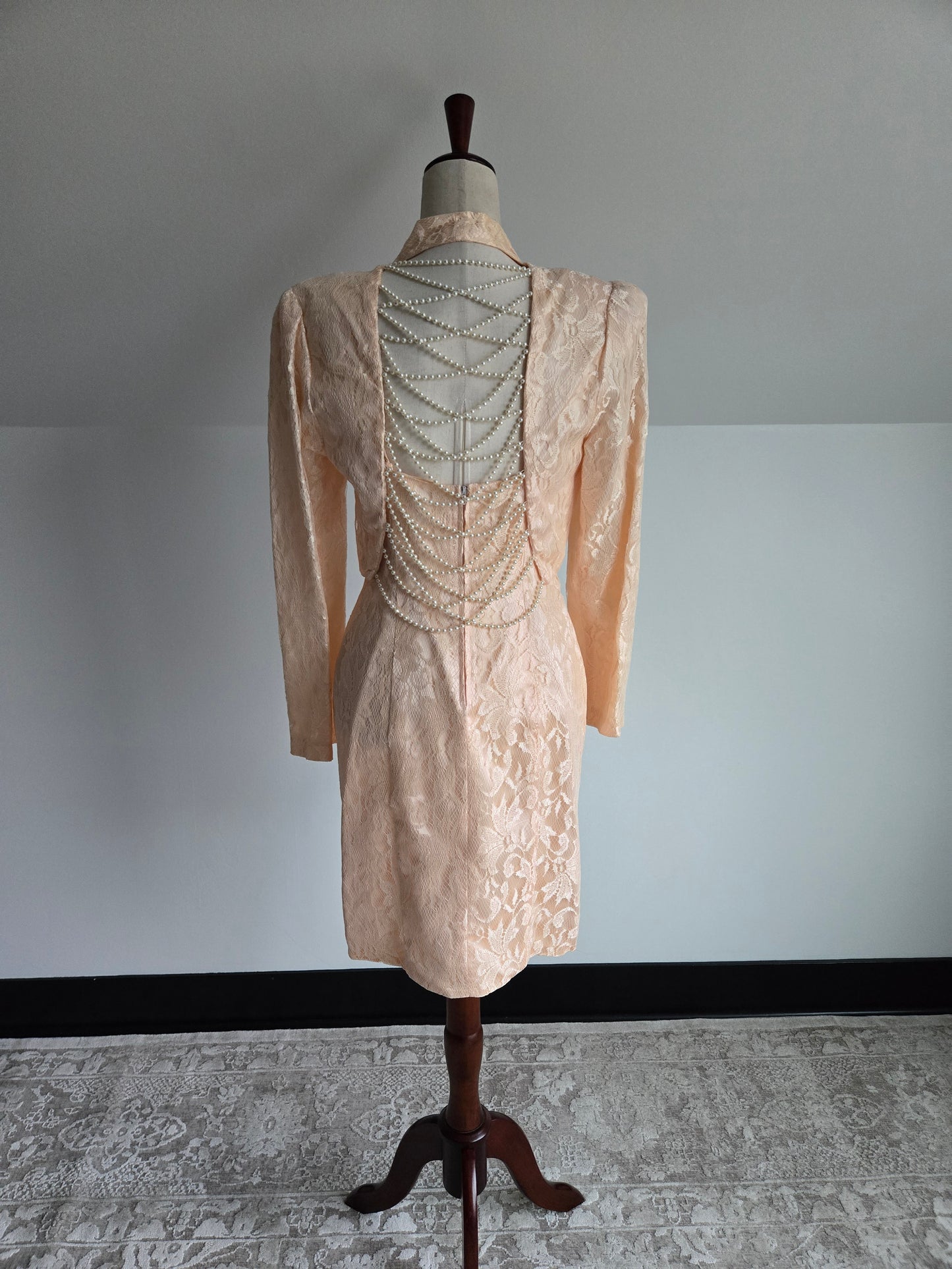 New Leaf Vintage 80s Peach Lace Dress and Pearl Bolero - Small
