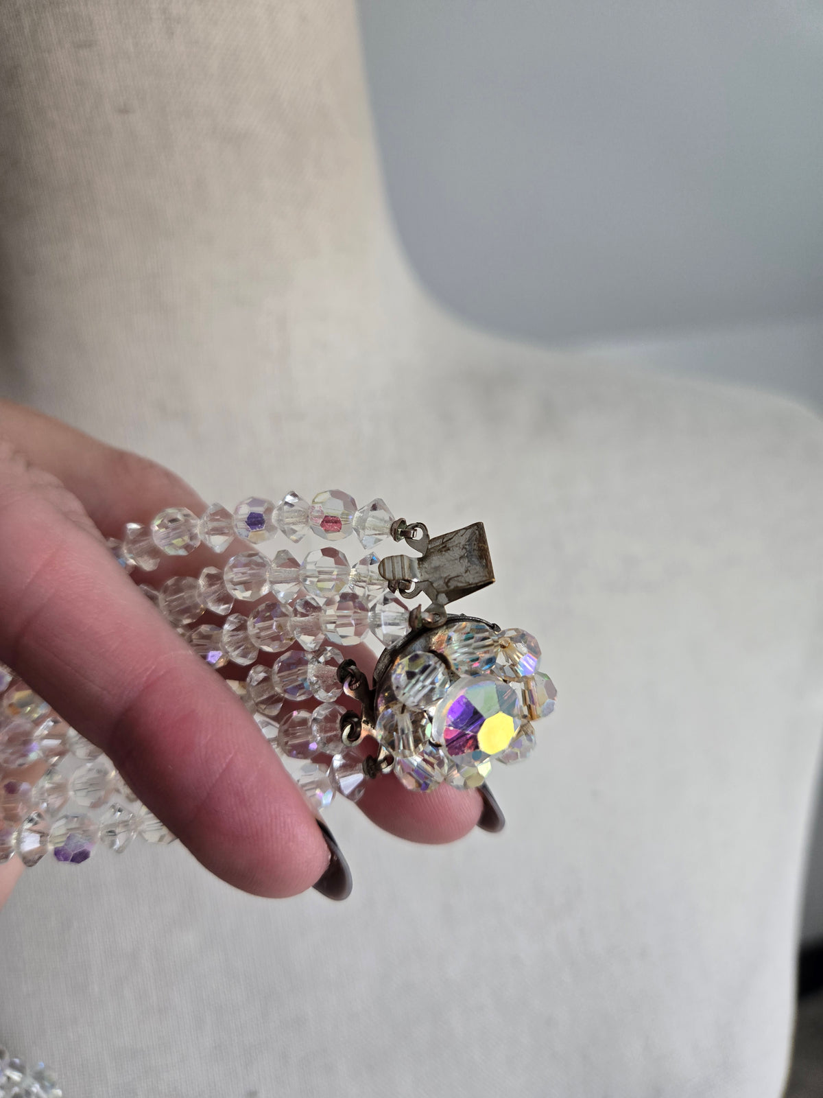 Vintage Three Strand AB Glass Crystal Necklace