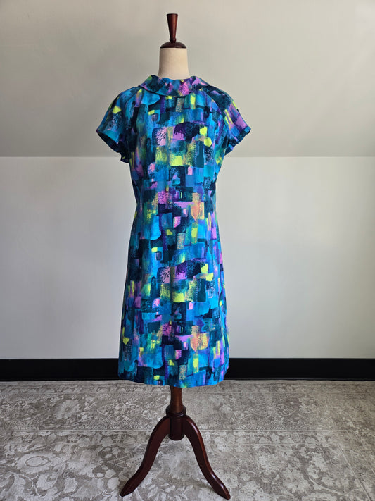 Vintage 1960s Artsy Colorful Shift Dress - L/XL