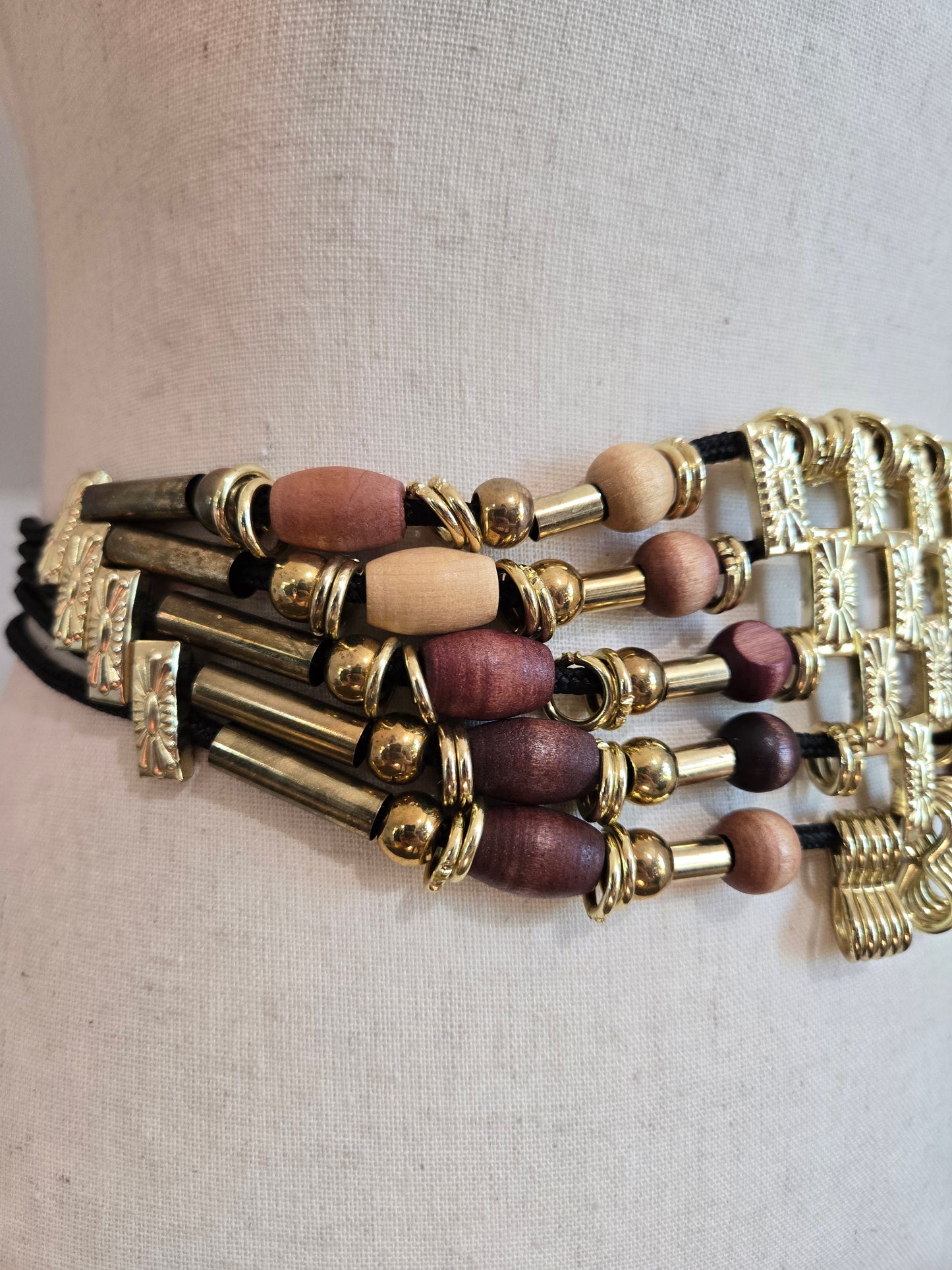 Vintage 80s Boho Wood and Gold Tone Bead Belt - W31-40"