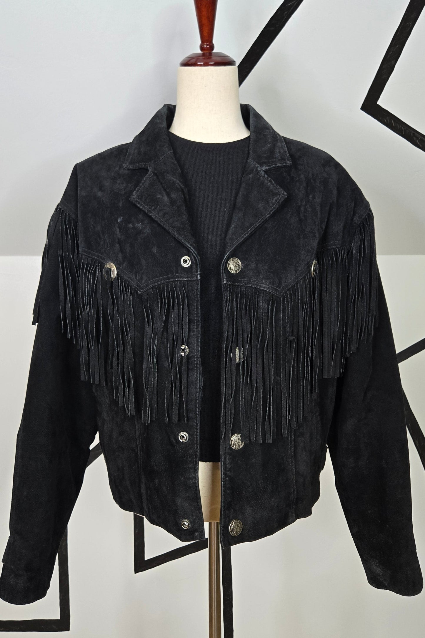 Byrnes & Baker Vintage Black Suede Leather Fringe Jacket - medium