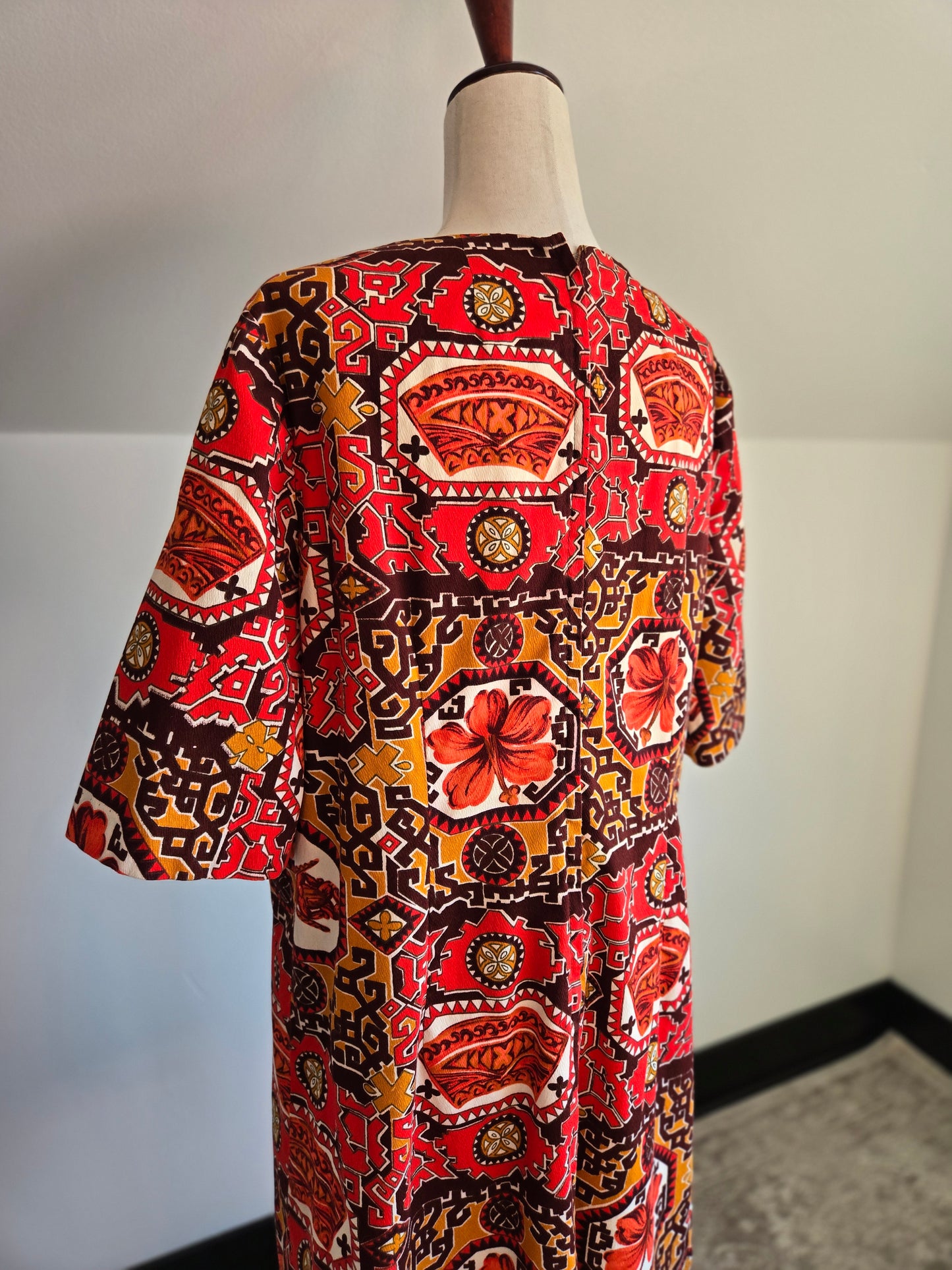 Vintage Barkcloth Red Hawaiian Print Dress - XL