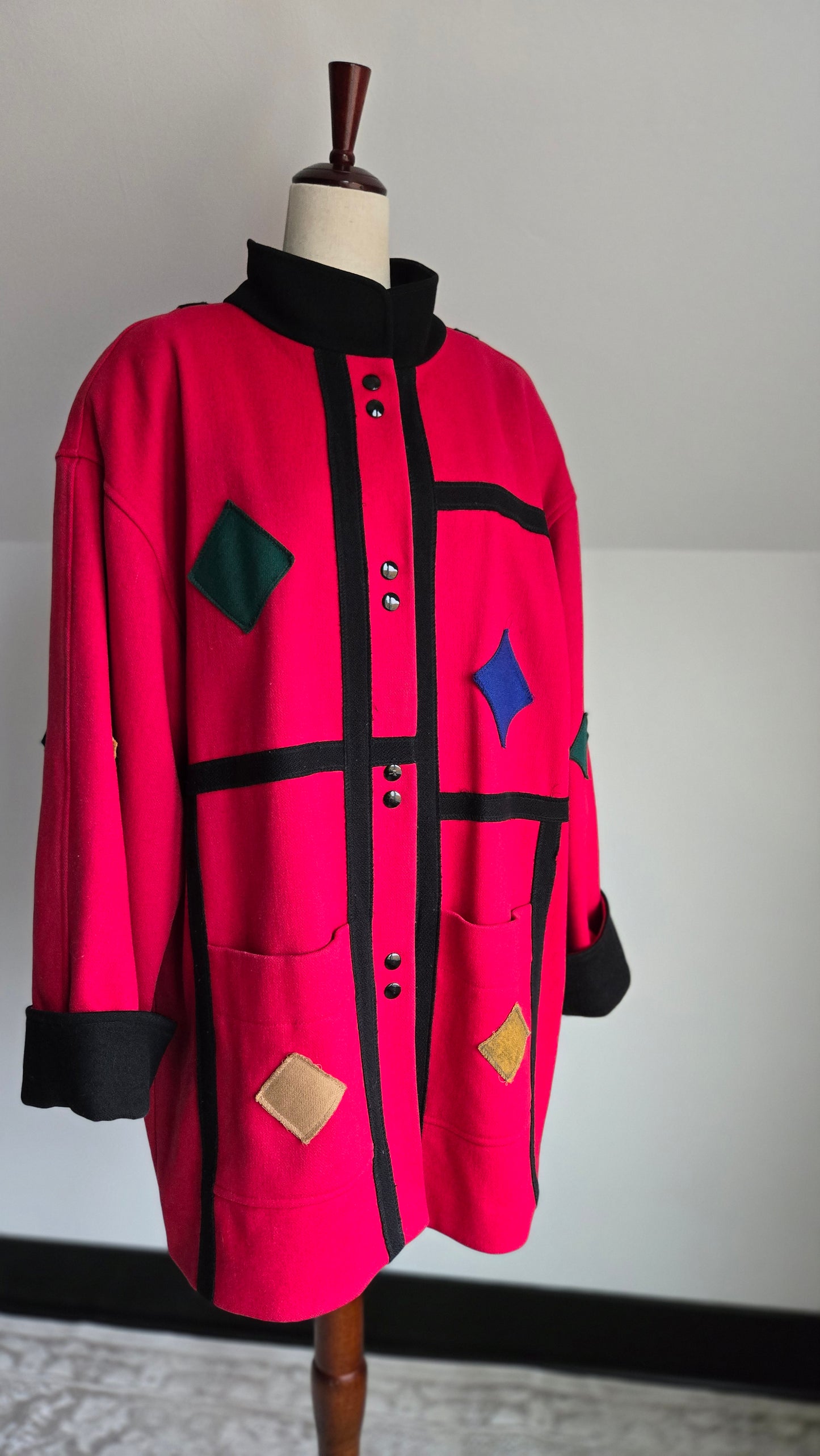 Vintage 1980s Geo Patch Wool Coat Made in Yugoslavia - 2XL