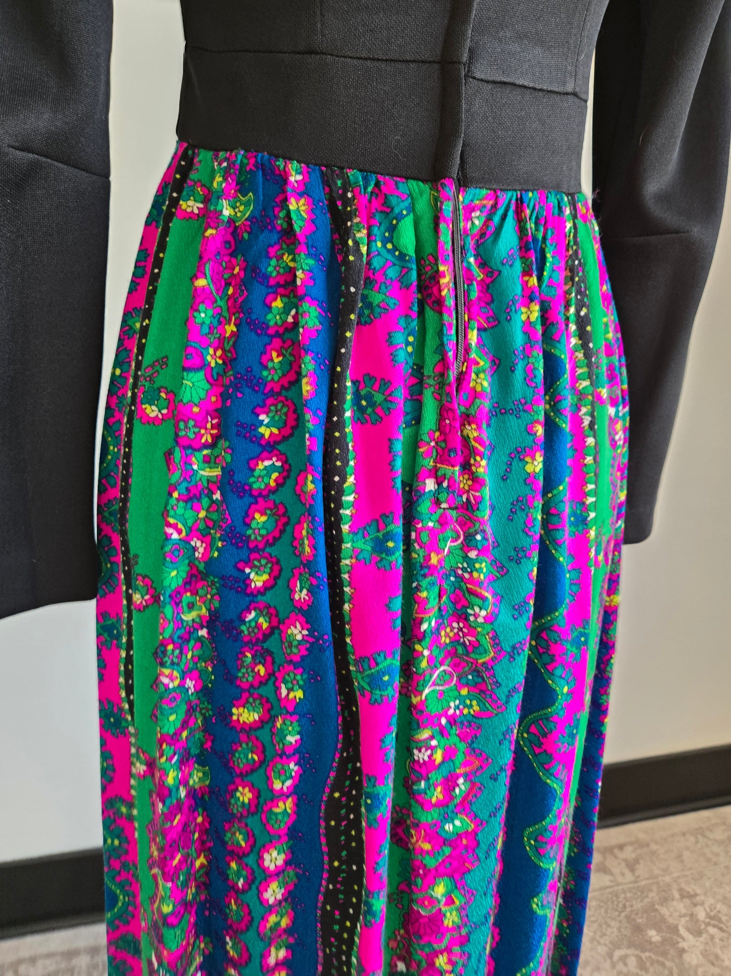 Vintage 70s Black Maxi Dress with Barkcloth Skirt - small