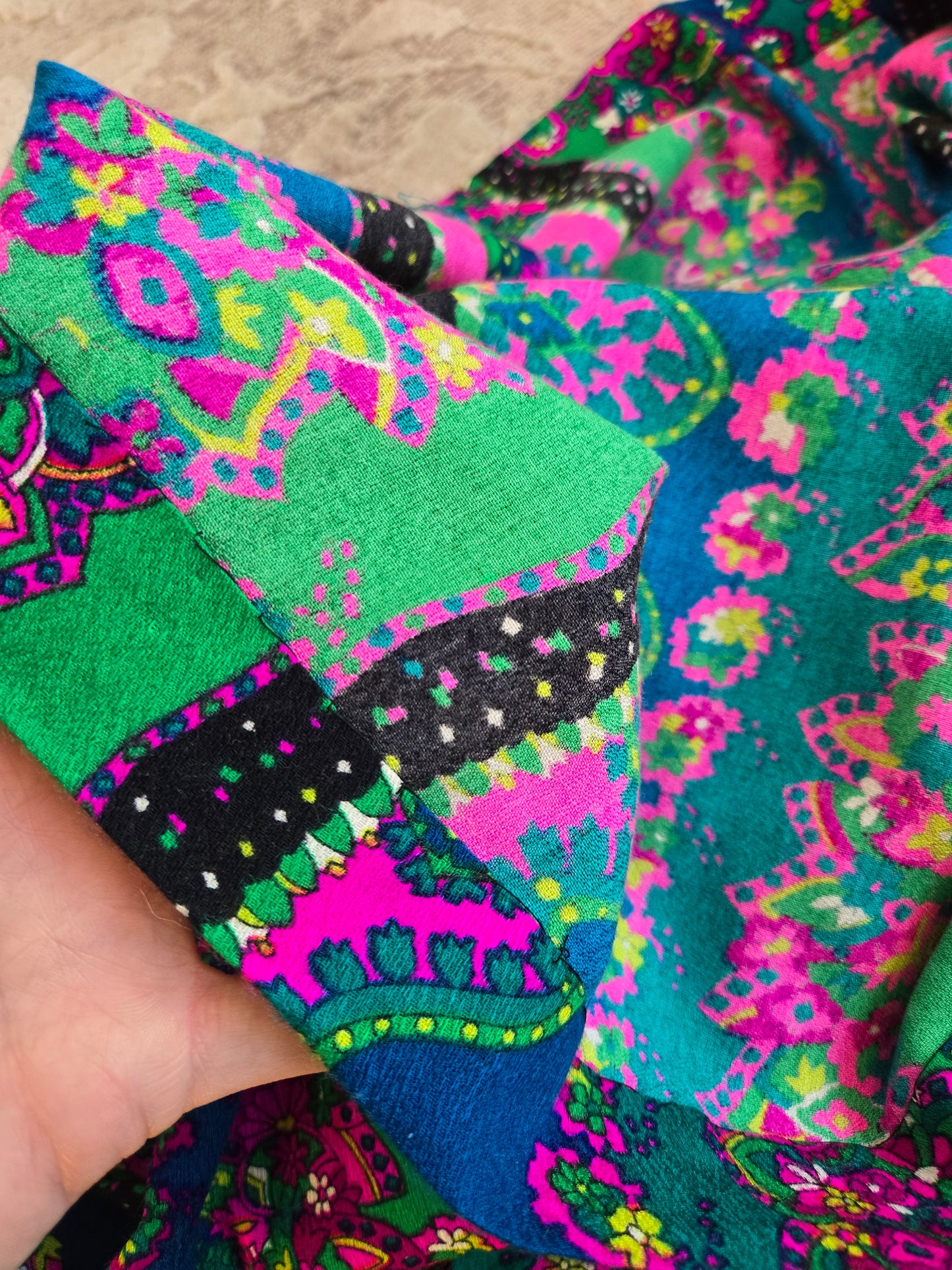 Vintage 70s Black Maxi Dress with Barkcloth Skirt - small