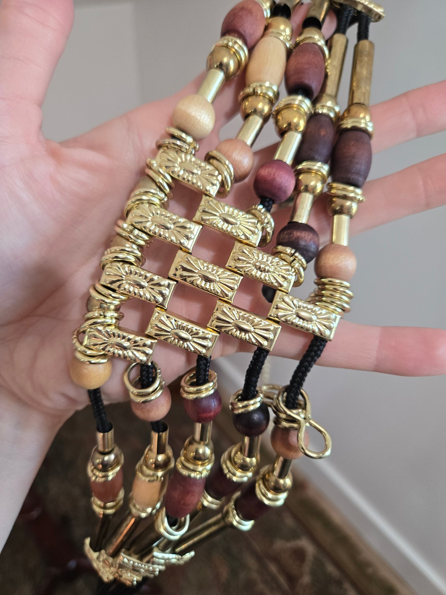 Vintage 80s Boho Wood and Gold Tone Bead Belt - W31-40"