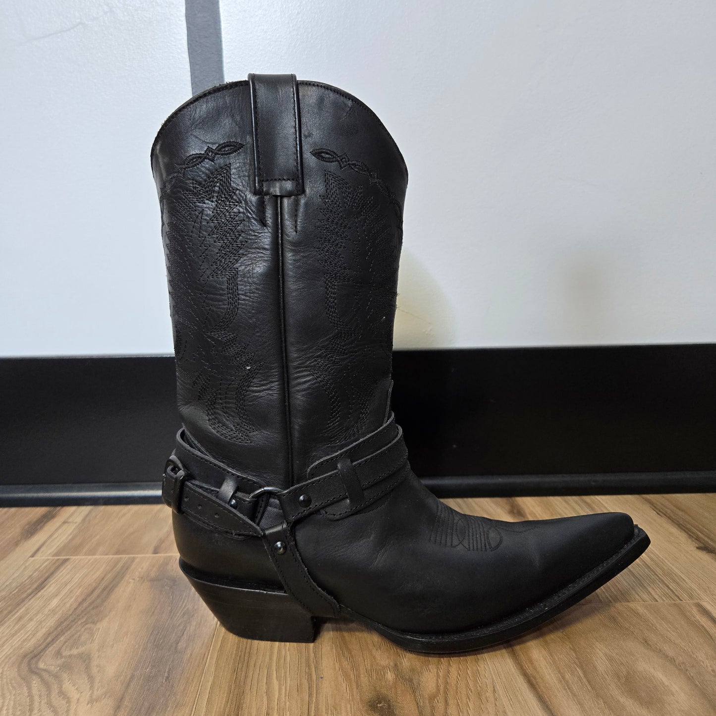 San Pedro Black Leather Western Boots with Ankle Strap