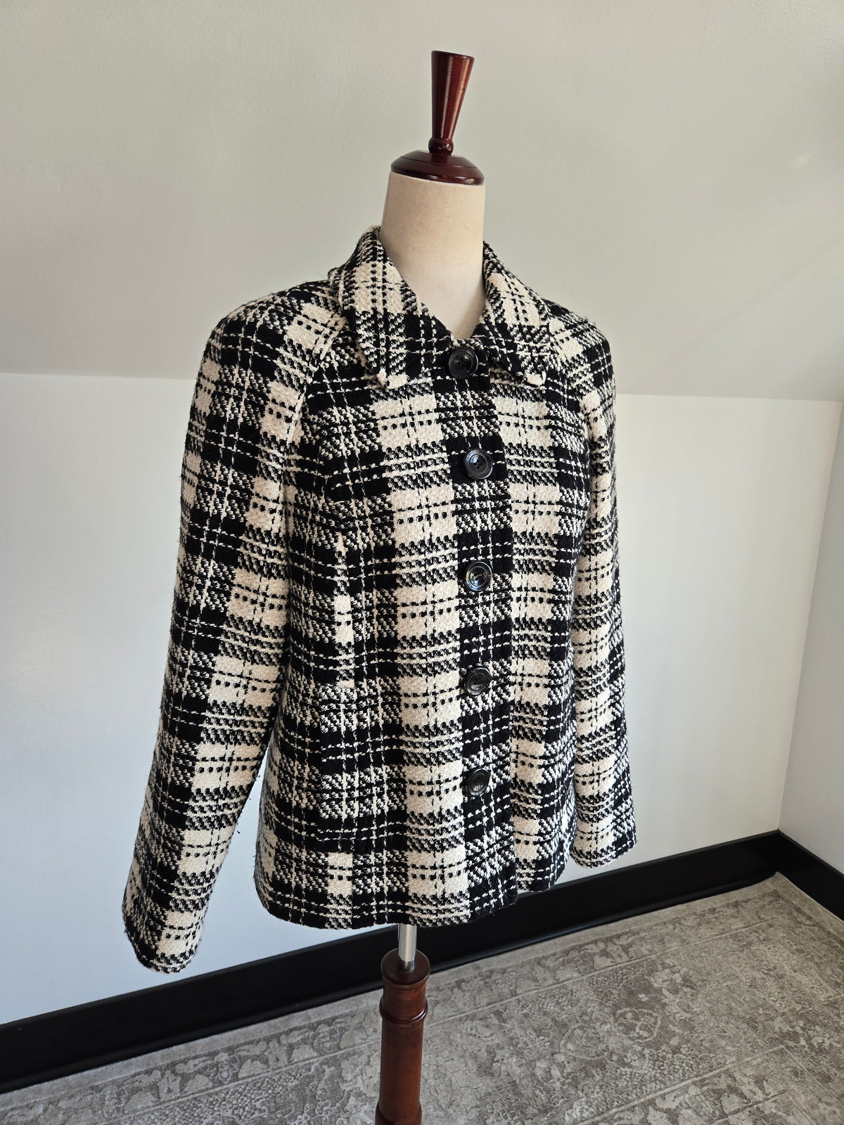Charter Club Black and White Plaid Raglan Blazer - S/M